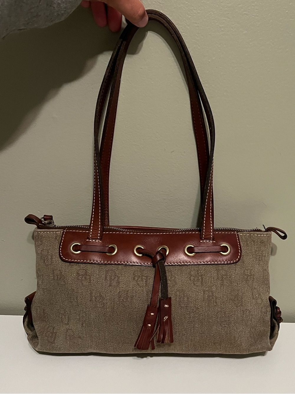 Dooney & Bourke Taupe Canvas Shoulder Bag with Brown Leather Trim